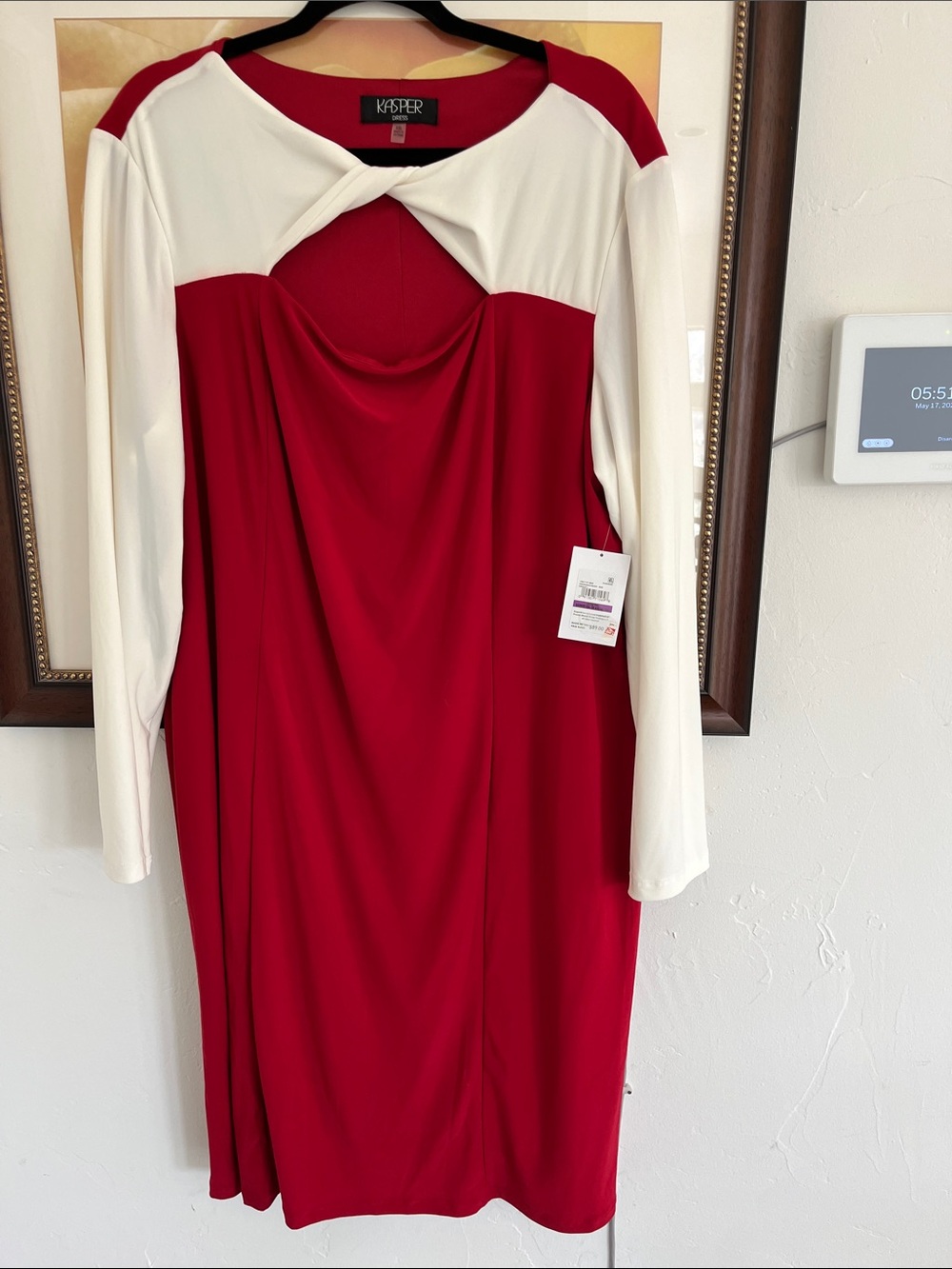 Kasper Red and White Long-Sleeve Twist-Neck Sheath Dress